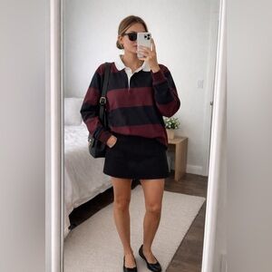 Vintage‎ 90s Burgundy Navy Striped Rugby Polo Shirt Women Small Preppy Academia